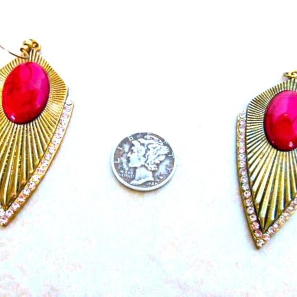 Gold Red Cabochon Rhinestone Sunburst Earrings - Picture 4 of 6
